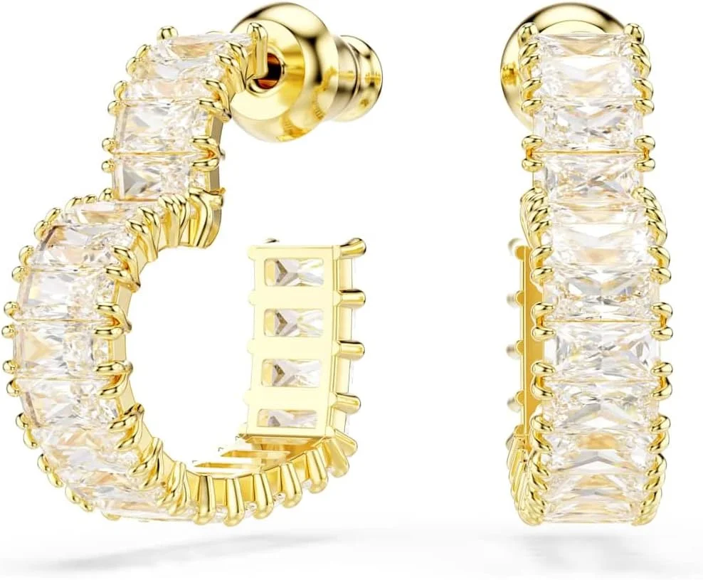 گوشواره های حلقه ای سواروسکی مدل ماتریکس، طرح قلب، کریستال های برش باگت سفید در یک قاب با روکش طلایی