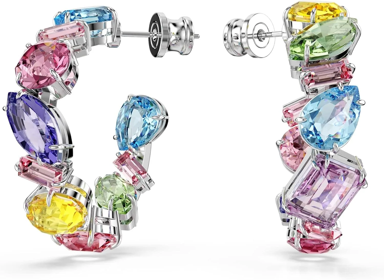 گوشواره های حلقه ای نامتقارن سواروسکی مدل Gema با روکش رودیوم، برش های ترکیبی، کوچک، چند رنگ