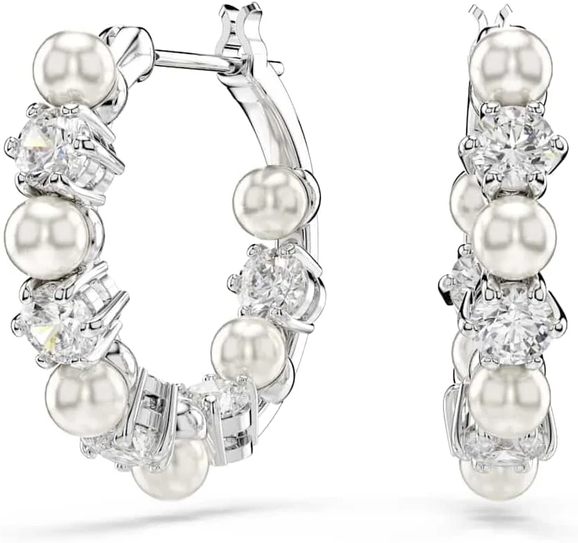 گوشواره آویز سواروسکی مدل ماتریکس، مروارید کریستالی، برش گرد، سفید، روکش رودیوم