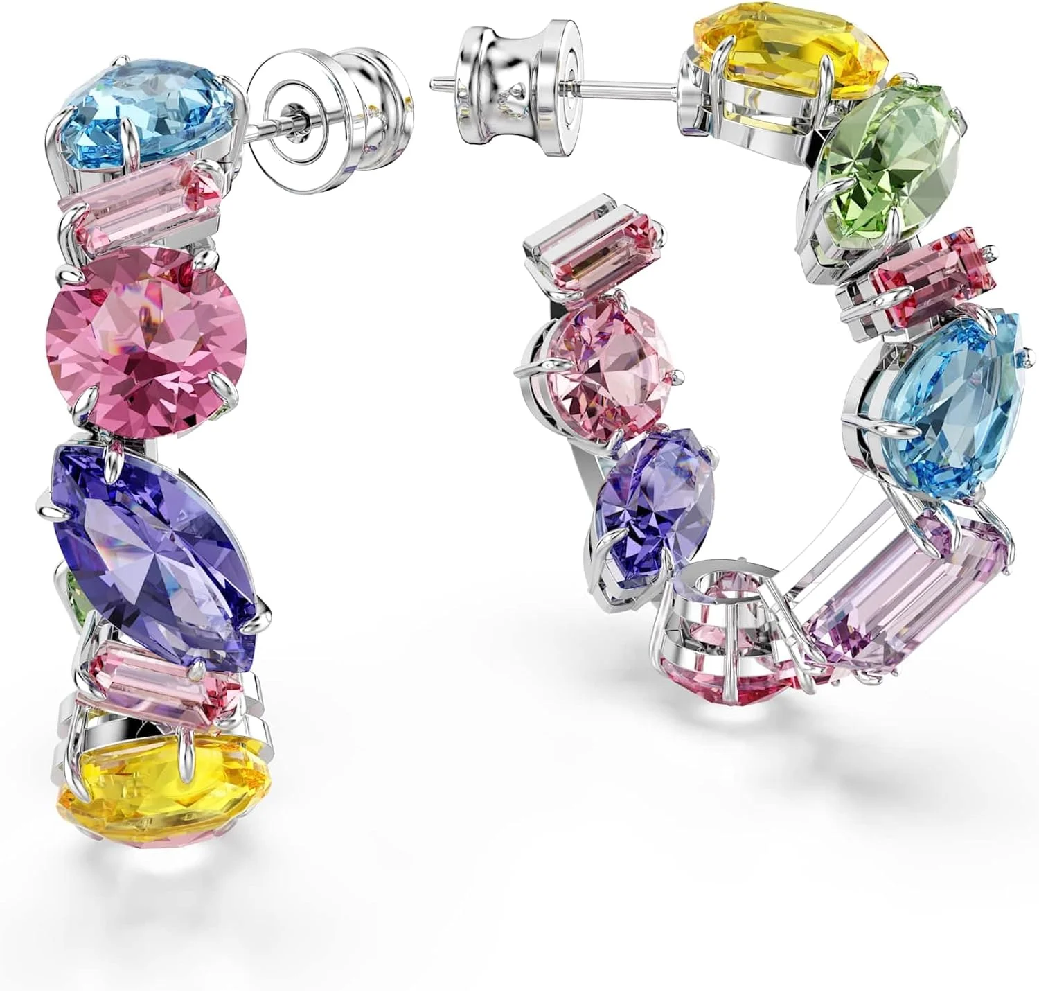 گوشواره های حلقه ای نامتقارن سواروسکی مدل Gema با روکش رودیوم، برش های ترکیبی، کوچک، چند رنگ