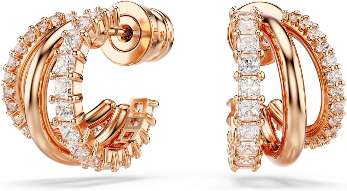 گوشواره های حلقه ای هایپربولا سواروسکی، برش های ترکیبی، مینی، سفید، با روکش طلای رزگلد