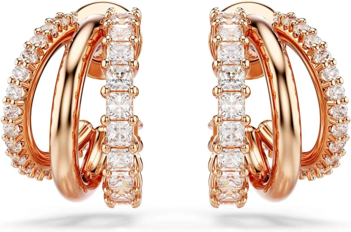 گوشواره های حلقه ای هایپربولا سواروسکی، برش های ترکیبی، مینی، سفید، با روکش طلای رزگلد