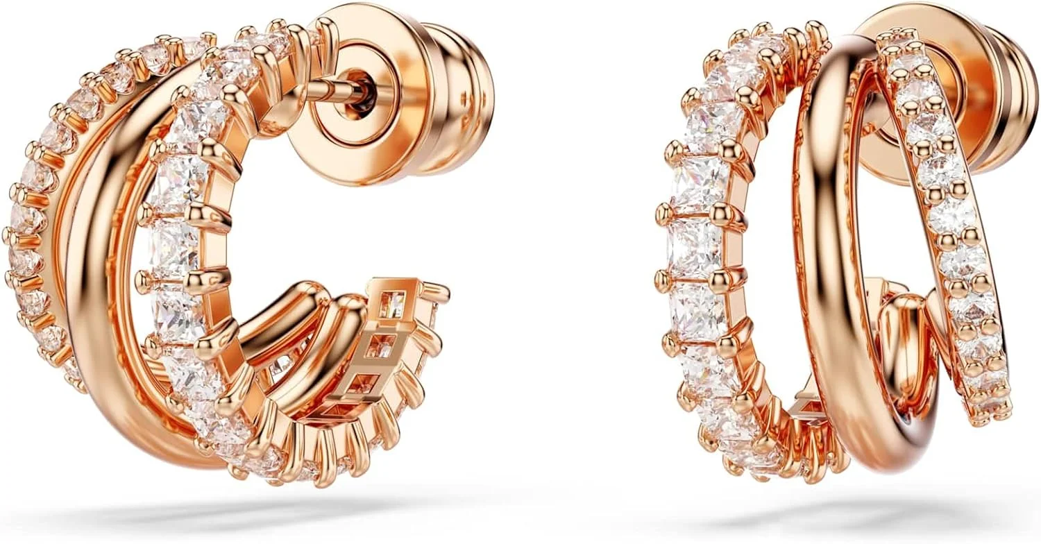 گوشواره های حلقه ای هایپربولا سواروسکی، برش های ترکیبی، مینی، سفید، با روکش طلای رزگلد