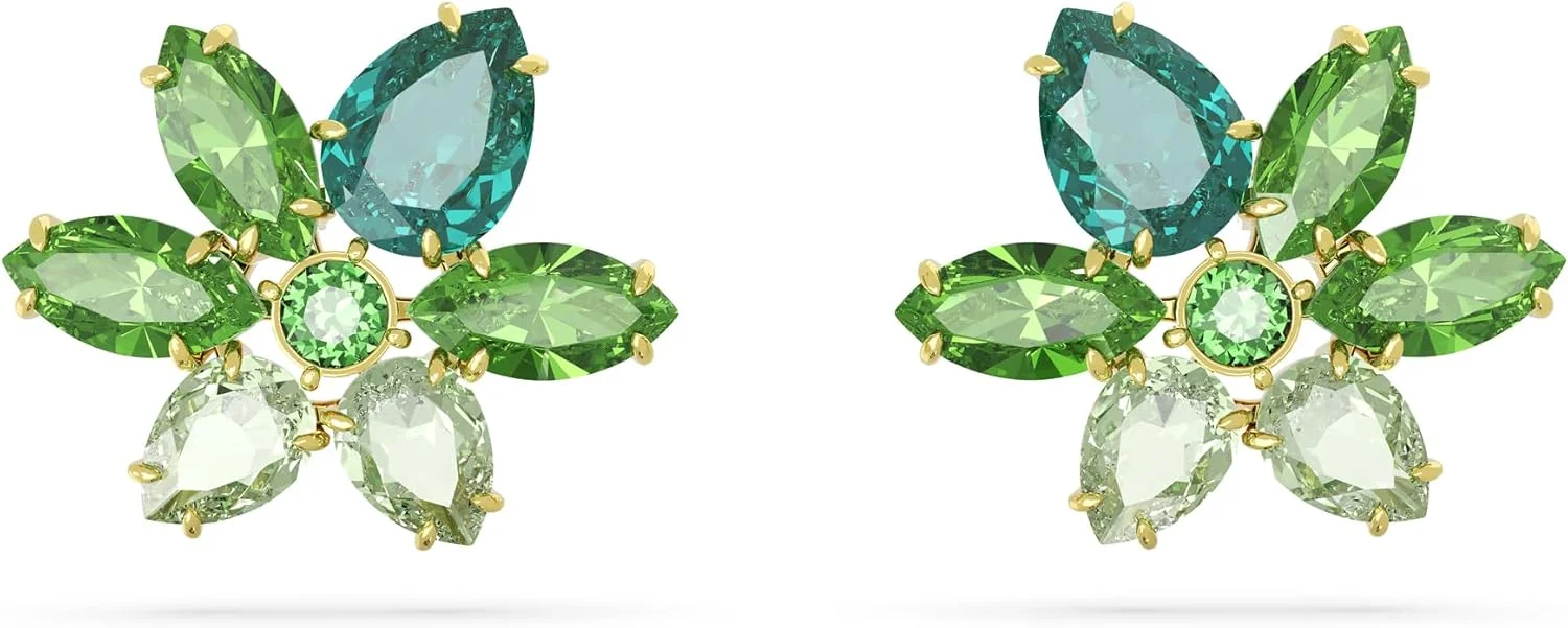 گوشواره های میخی سواروسکی مدل Gema، برش های ترکیبی، گل، سبز، با روکش طلایی، تک سایز، کریستال