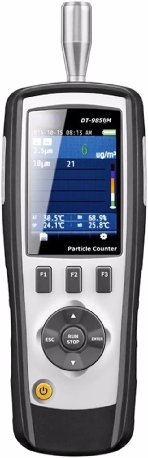 صفحه نمایش کیفیت هوا GZDodek DT-9850M، شمارنده ذرات حرفه ای قابل حمل PM0.3، PM2.5، PM10um برای لایت هاوس اتاق تمیز