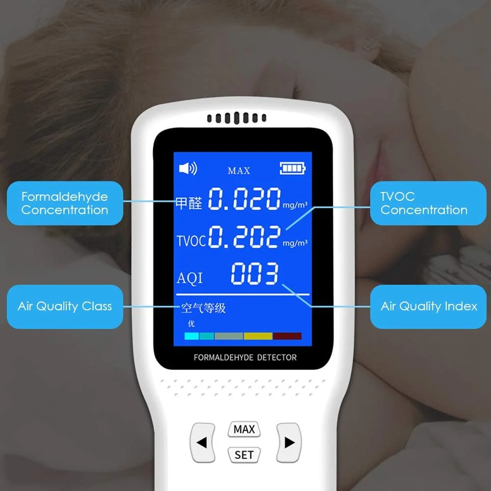 دستگاه تست کیفیت هوا قابل حمل Graflsoa با صفحه نمایش LED چند منظوره برای فرمالدهید، TVOC و بنزن مناسب برای خانه، خودرو، دفتر، هتل و فضای باز