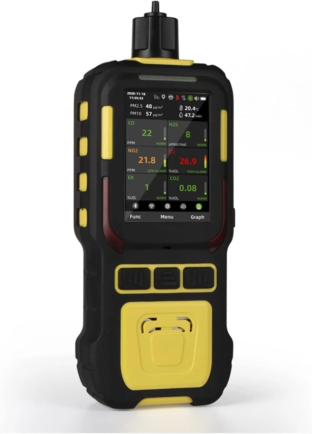 دستگاه سنجش کیفیت هوا GHQERTY، ردیاب گاز صنعتی قابل حمل با پمپ داخلی NH3، SO2، CO، CO2، NOx، H2S، دما، رطوبت، PM2.5، PM10