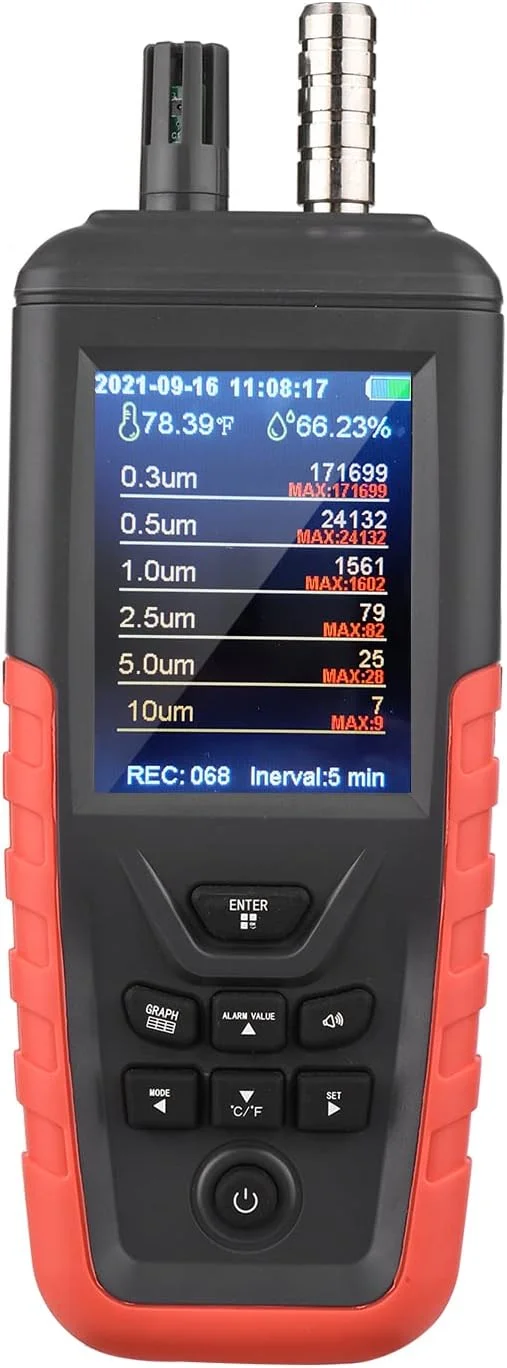 شمارنده ذرات گرد و غبار GONEER، 6 کاناله 0.3um/ 0.5μm/ 1.0μm/ 2.5μm/ 5.0μm/ 10um، آشکارساز PM2.5 PM10 با صفحه نمایش رنگی TFT با نور پس زمینه 3.2 اینچی، تستر کیفیت هوا، مانیتور دما و رطوبت برای خانه و دفتر