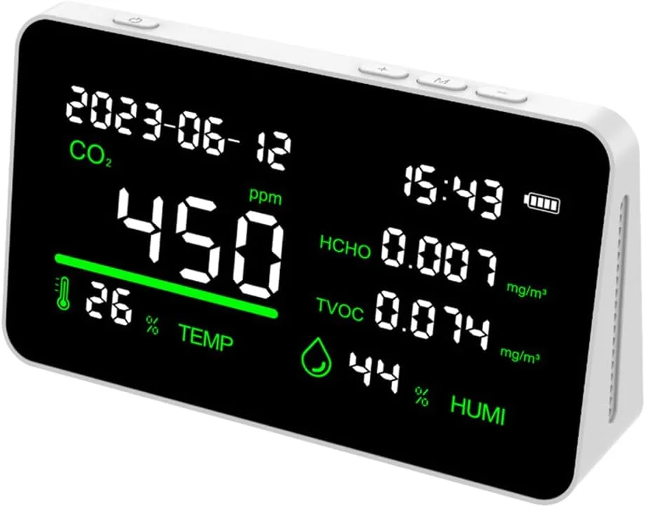 دستگاه سنجش کیفیت هوا 7 در 1 Good Homie، نمایشگر رطوبت داخلی، دما، CO2، TVOC، HCHO، زمان، با آلارم صوتی و تصویری، نظارت بلادرنگ، تغذیه با باتری، برای دفتر و فضای باز