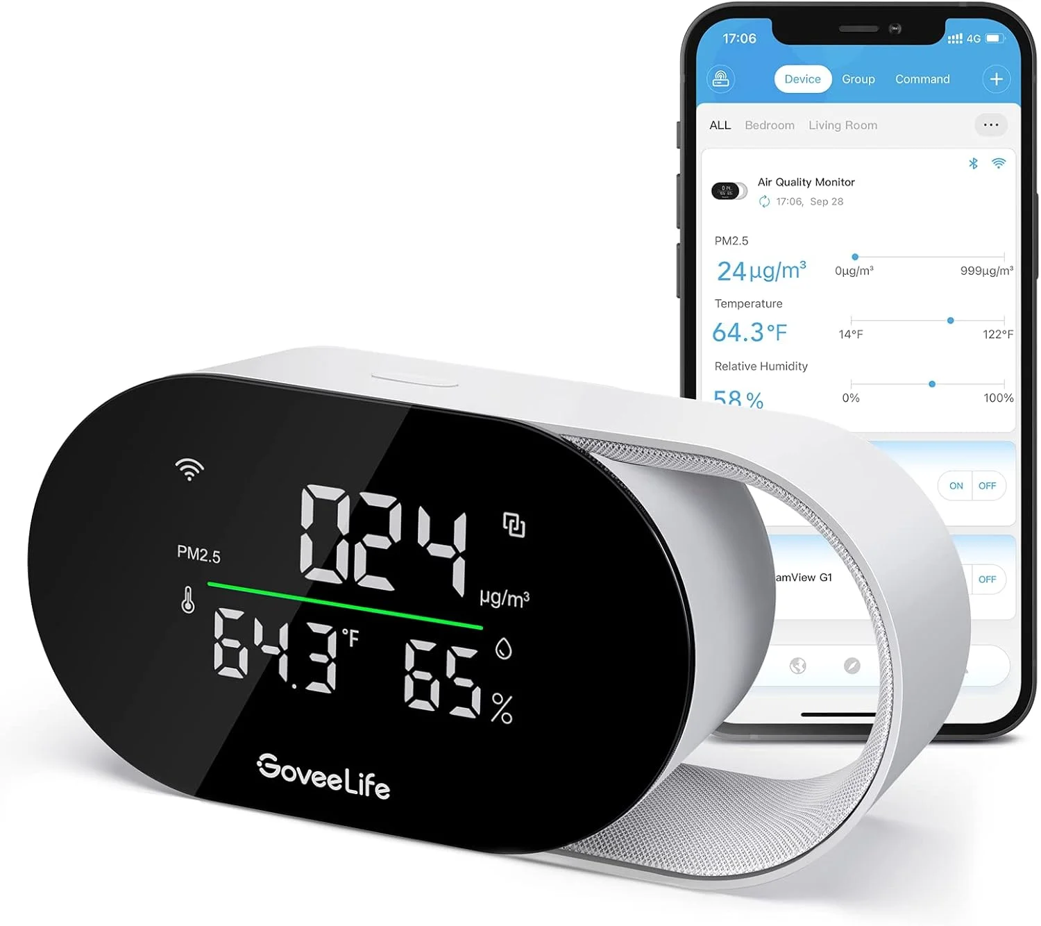 مانیتور هوشمند کیفیت هوا GoveeLife با سنسورهای PM2.5، وای فای، دما و رطوبت، نمایشگر LED، نرخ تازه سازی 2 ثانیه، ذخیره سازی داده 2 ساله، برای خانه و محل کار