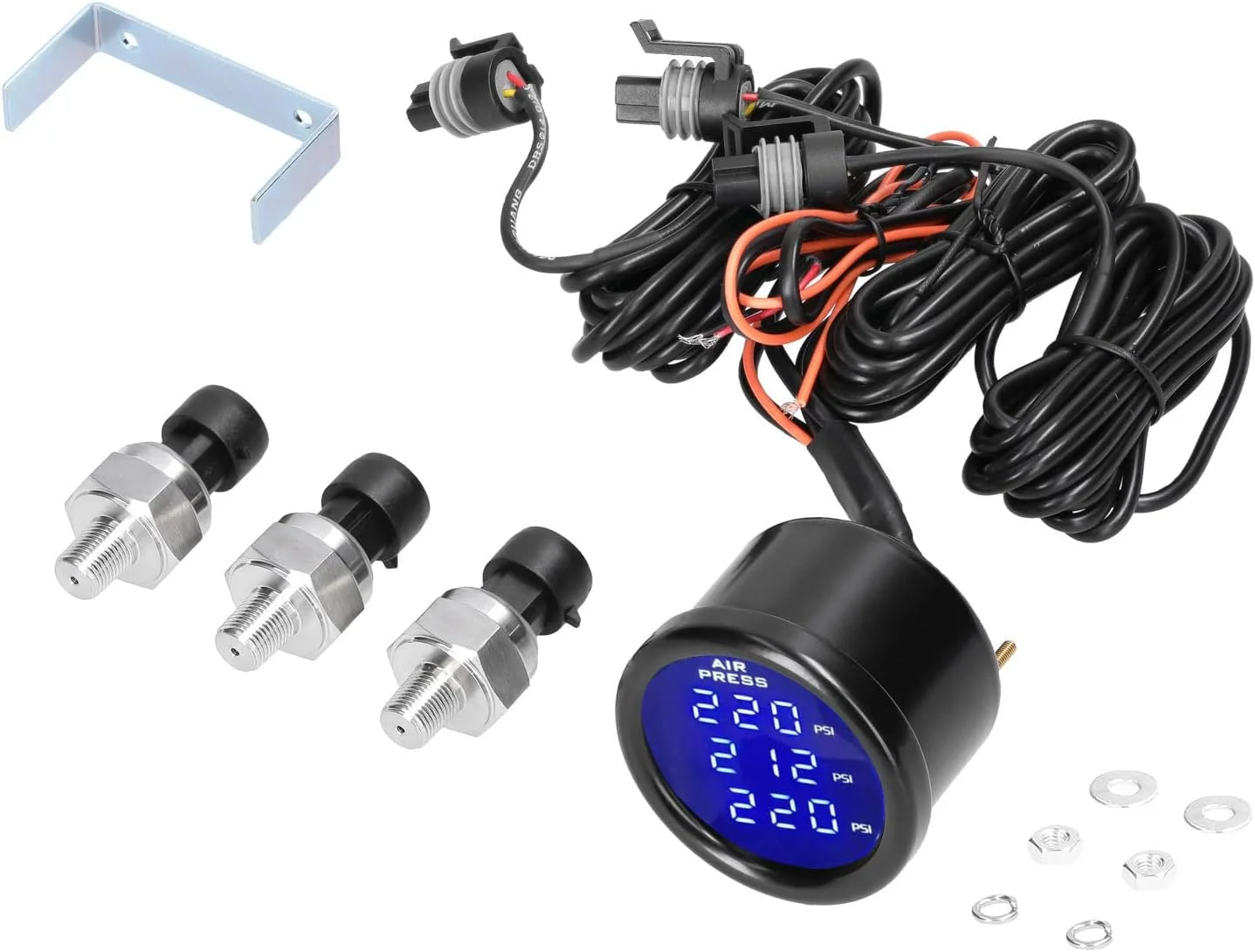 گیج فشار هوا GeiemKua، گیج فشار هوای سه گانه نمایشگر LED دیجیتال تعلیق هوا 0-220PSI با 3 عدد سنسور 1/8NPT
