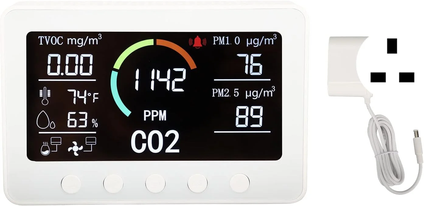دستگاه سنجش کیفیت هوای داخلی Gearwell، 7 در 1 TVOC PM2.5 CO2، دما و رطوبت، تستر WiFi، سفید