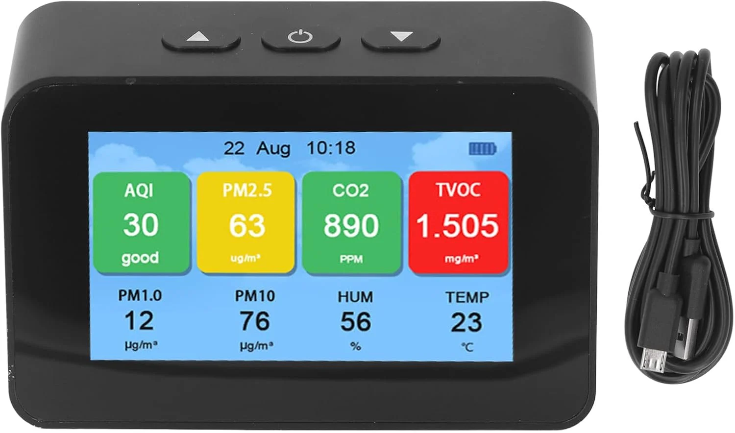 مانیتور کیفیت هوا Gearwell، ردیاب CO2 PM2.5 PM1.0 PM10، سنسور هوا با صفحه نمایش LCD، سنجش آلودگی هوای داخل خانه با نمایش زمان، نسخه انگلیسی