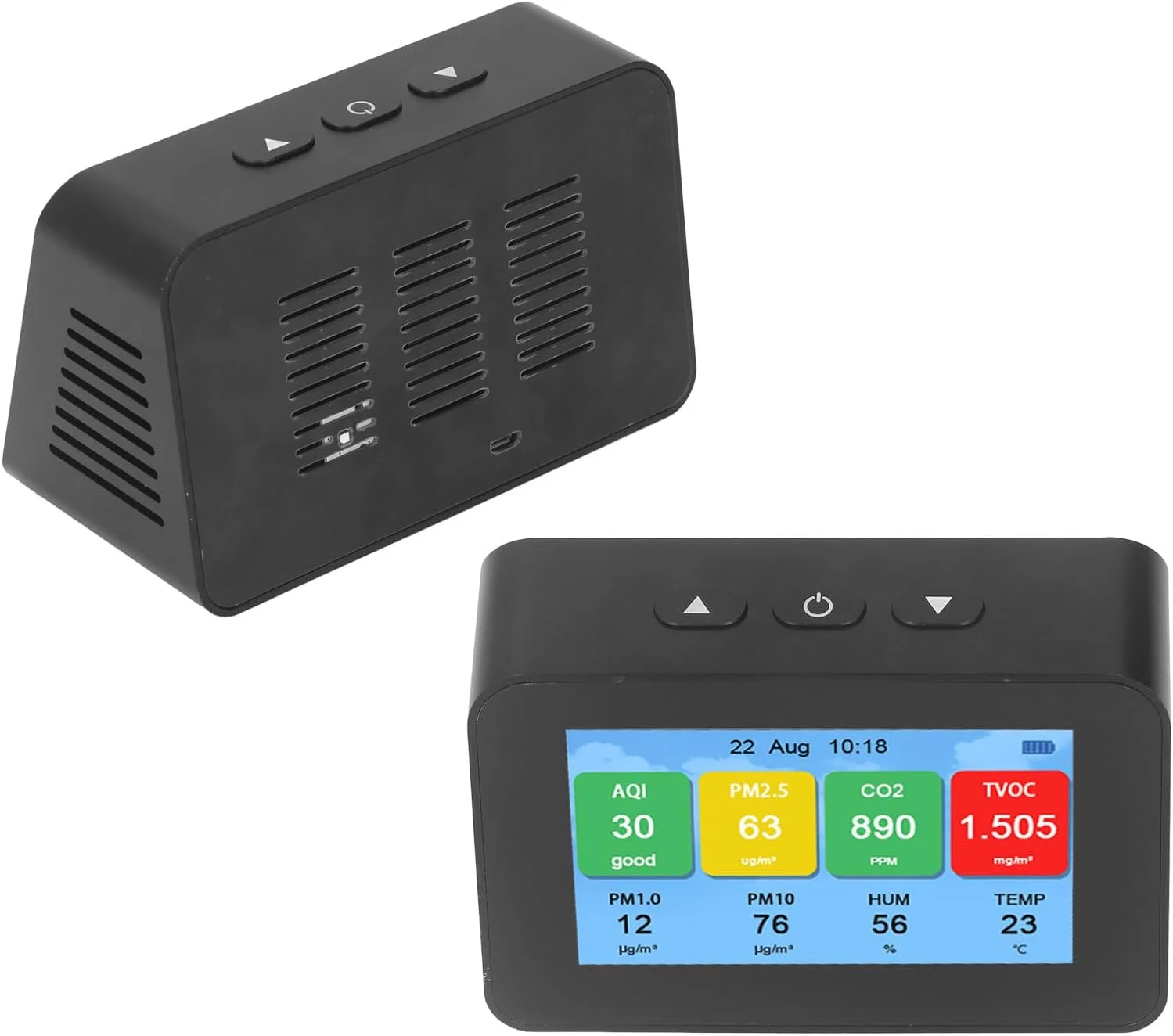 مانیتور کیفیت هوا Gearwell، ردیاب CO2 PM2.5 PM1.0 PM10، سنسور هوا با صفحه نمایش LCD، سنجش آلودگی هوای داخل خانه با نمایش زمان، نسخه انگلیسی