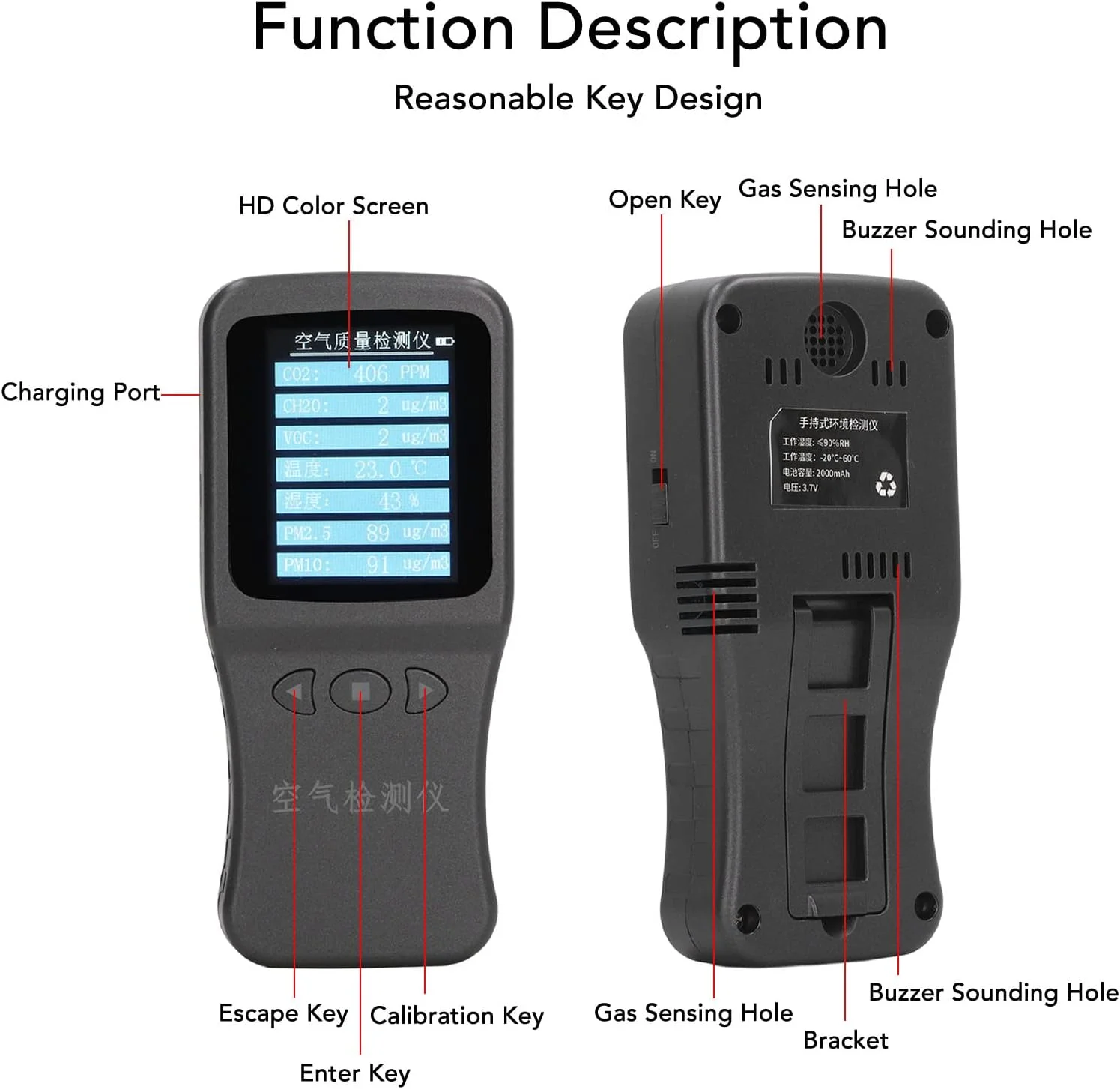 دستگاه سنجش کیفیت هوا گیرول 7 در 1، رطوبت و دما، PM2.5 PM10 VOC CH2O CO2 به همراه پایه نگهدارنده و باتری 3.7 ولت