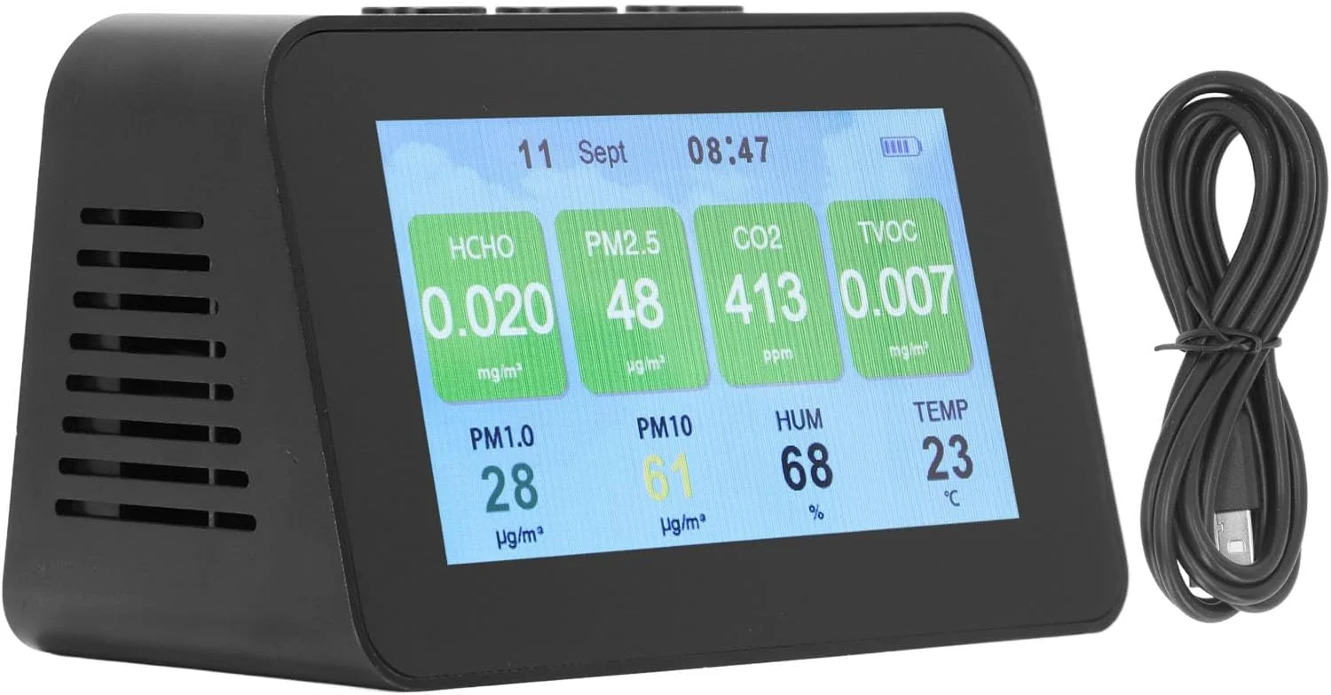 دستگاه سنجش کیفیت هوا Gearwell، دارای صفحه نمایش 4.3 اینچی LCD، سنسور CO2 و PM2.5، تستر چند منظوره PM1.0 و PM10، دماسنج و رطوبت سنج برای نظارت داخلی