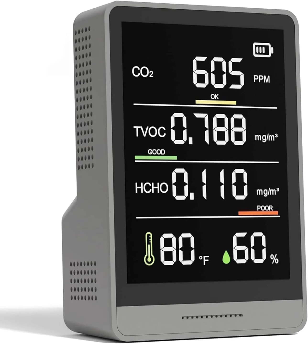 دستگاه سنجش کیفیت هوا 5 در 1، تست دقیق CO2 / ردیاب فرمالدئید HCHO/TVOC، مانیتور دما و رطوبت، تستر کیفیت هوا، جمع و جور و قابل حمل، ضروری برای استفاده در منزل
