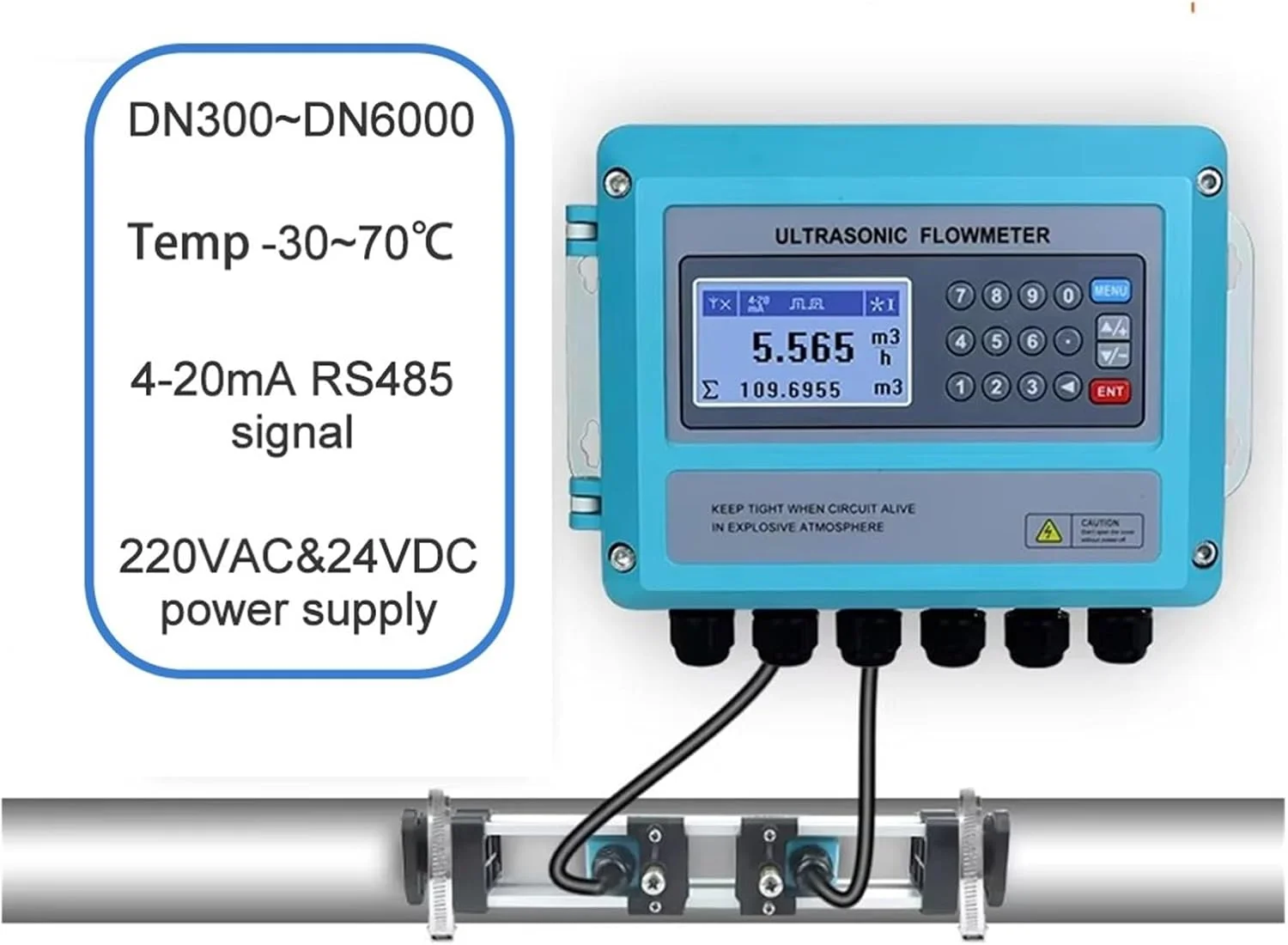 فلومتر، مقیاس جریان آب مایع اولتراسونیک با خروجی سیگنال RS485 4-20 میلی آمپر، واحد لوله های فولادی ضد زنگ PVC، مقیاس جریان نصب شده روی دیوار DN15 (ارتقاء DN300-DN6000)
