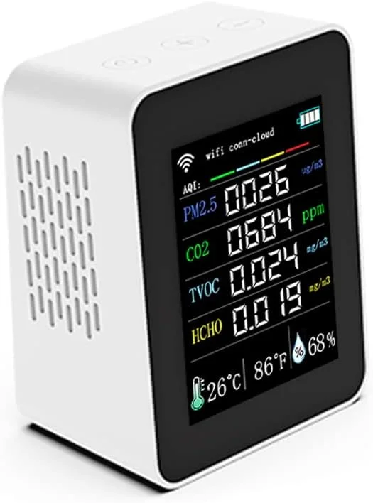 دستگاه سنجش کیفیت هوای قابل حمل وای فای Fawoonu Tuya مدل 7in1 PM2.5 CO2 TVOC HCHO، تستر دما و رطوبت با صفحه نمایش رنگی 2.8 اینچی TFT، کنترل از طریق اپلیکیشن موبایل با قابلیت نمایش تقویم