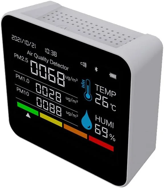 دستگاه سنجش کیفیت هوا Fawoonu 9 در 1 BT، اندازه گیری دی اکسید کربن، تاریخ/زمان، CO2، TVOC، HCHO، PM2.5، PM1.0، PM10، دما، رطوبت، پشتیبانی از کنترل برنامه با عملکرد هشدار برای خانه، دفتر، خودرو