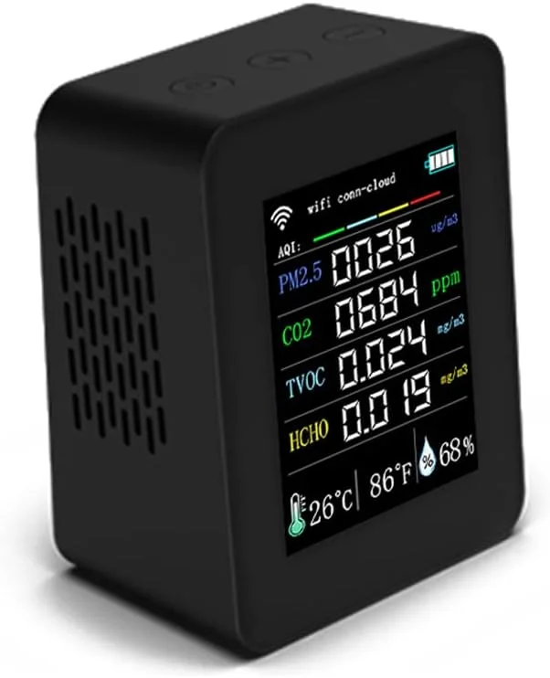 دستگاه سنجش کیفیت هوا قابل حمل وای فای Fawoonu Tuya 7 در 1 PM2.5 CO2 TVOC HCHO AQI تست دما و رطوبت صفحه نمایش رنگی 2.8 اینچی TFT کنترل برنامه تلفن همراه با عملکرد تقویم