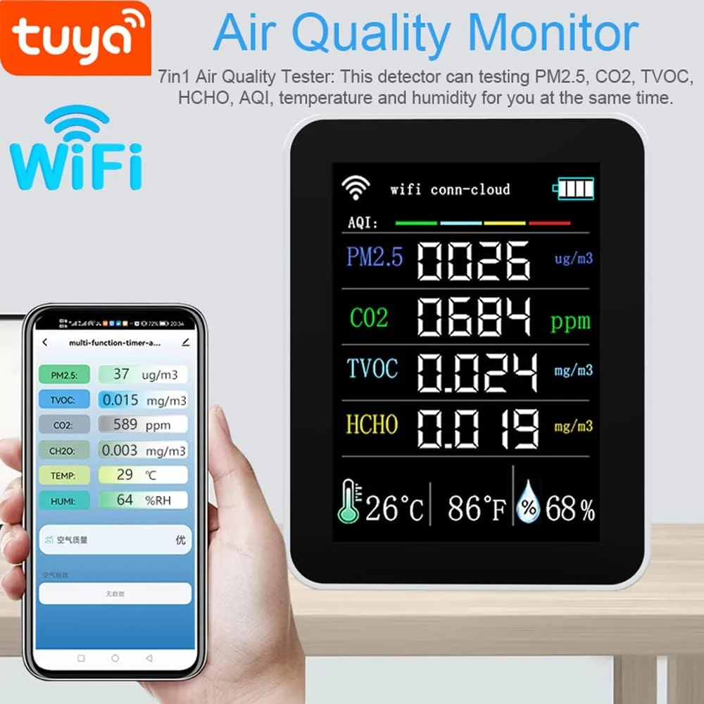 دستگاه سنجش کیفیت هوا قابل حمل وای فای Fawoonu Tuya 7 در 1 PM2.5 CO2 TVOC HCHO AQI تست دما و رطوبت صفحه نمایش رنگی 2.8 اینچی TFT کنترل برنامه تلفن همراه با عملکرد تقویم
