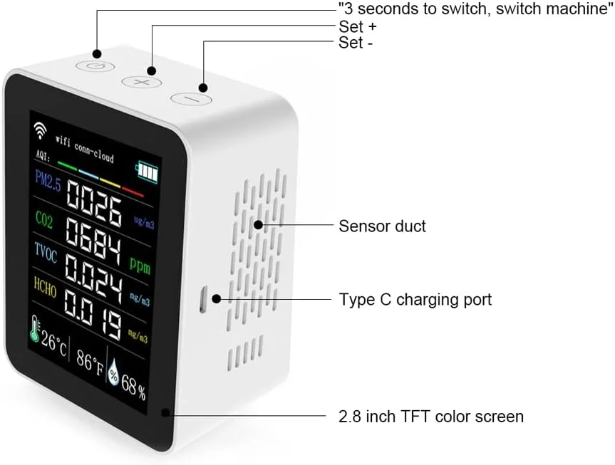 دستگاه سنجش کیفیت هوا قابل حمل وای فای Fawoonu Tuya 7 در 1 PM2.5 CO2 TVOC HCHO AQI تست دما و رطوبت صفحه نمایش رنگی 2.8 اینچی TFT کنترل برنامه تلفن همراه با عملکرد تقویم