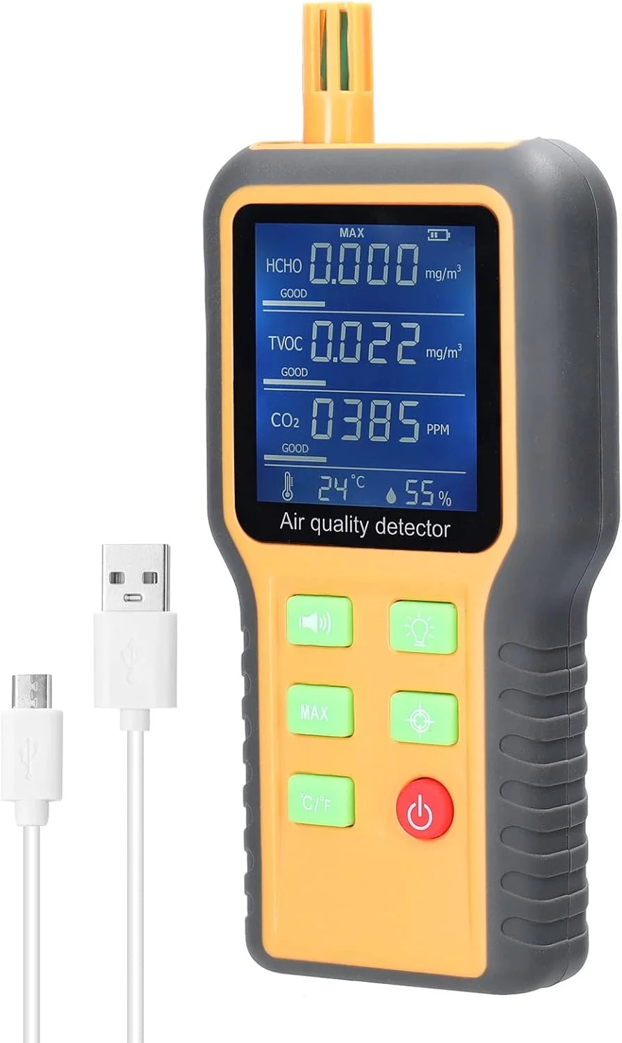 تستر کیفیت هوا چند منظوره Fawoonu با صفحه نمایش LCD دارای نور پس زمینه، سنسورهای دما/رطوبت، تست CO2، سنجش دی اکسید کربن، TVOC، HCHO، دما، رطوبت و قابلیت خود کالیبراسیون با عملکرد هشدار
