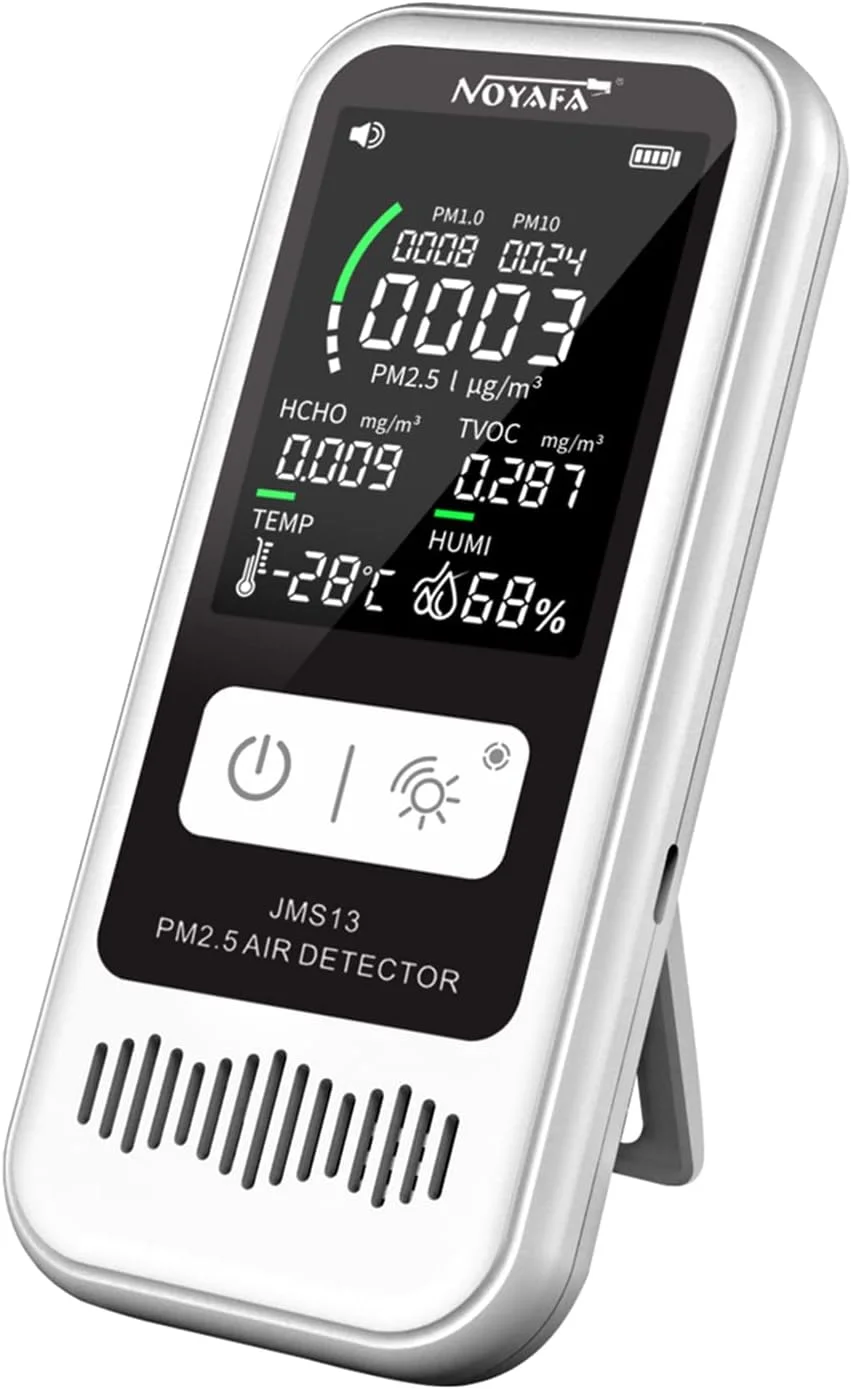 تستر کیفیت هوای دیجیتال خانگی Fawoonu JMS13 PM2.5، دما، رطوبت، LCD، TVOC/HCHO، فرمالدئید، دماسنج رومیزی PM2.5، رطوبت سنج