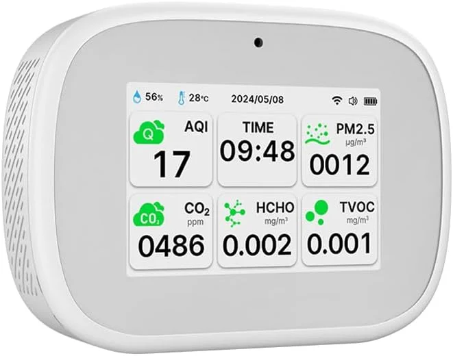 دستگاه تست کیفیت هوای خانگی قابل حمل Fawoonu Tuya WiFi 10in1 PM2.5 PM1.0 PM10 CO2 TVOC HCHO با صفحه نمایش TFT چند منظوره و نمایشگر دما، رطوبت و زمان
