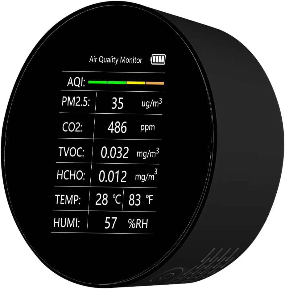 دستگاه سنجش کیفیت هوا چند منظوره Fawoonu، 7 در 1، PM2.5، TVOC، CO2، HCHO، دما، رطوبت، مناسب برای منزل، میز کار، اداره، خودرو و فضای داخلی