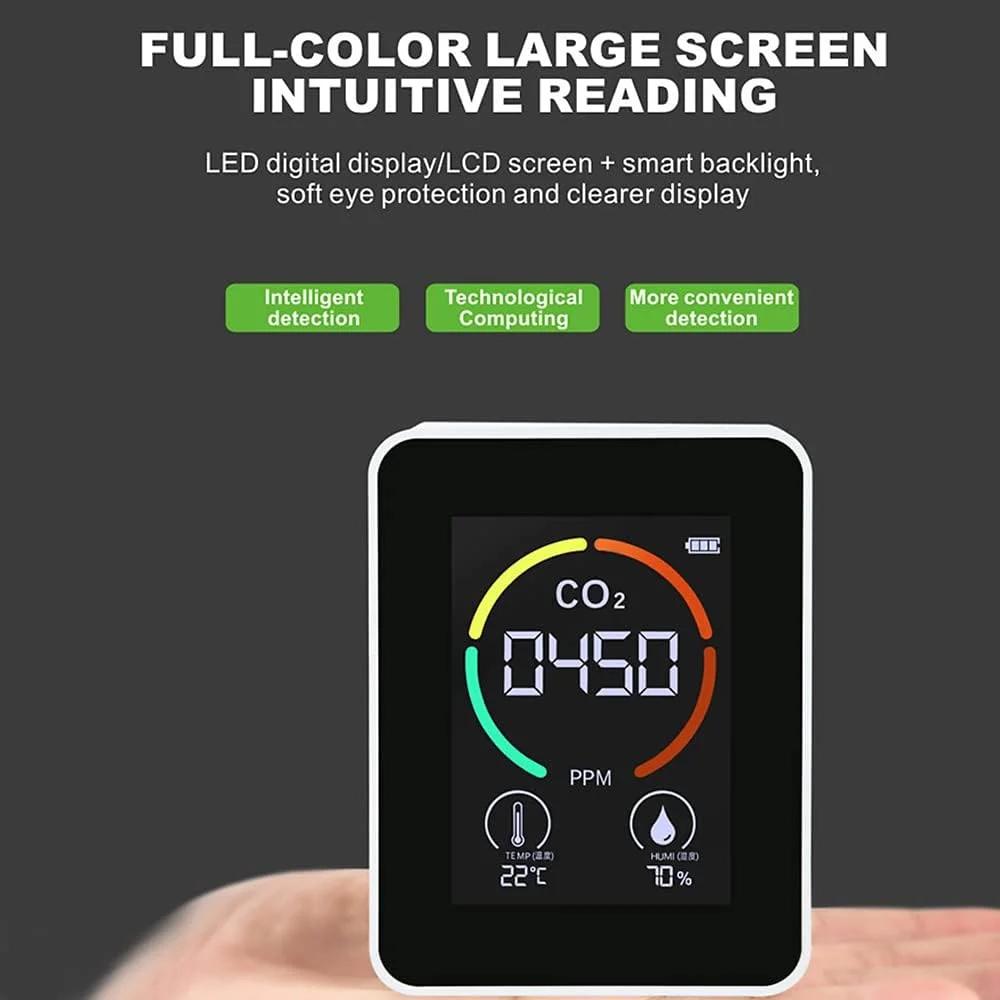دستگاه تشخیص کیفیت هوا Fawoonu، دستگاه چند منظوره خانگی برای سنجش CO2، دما، رطوبت، سنسور نیمه هادی PPM دی اکسید کربن با صفحه نمایش LED و باتری 1200 میلی آمپر