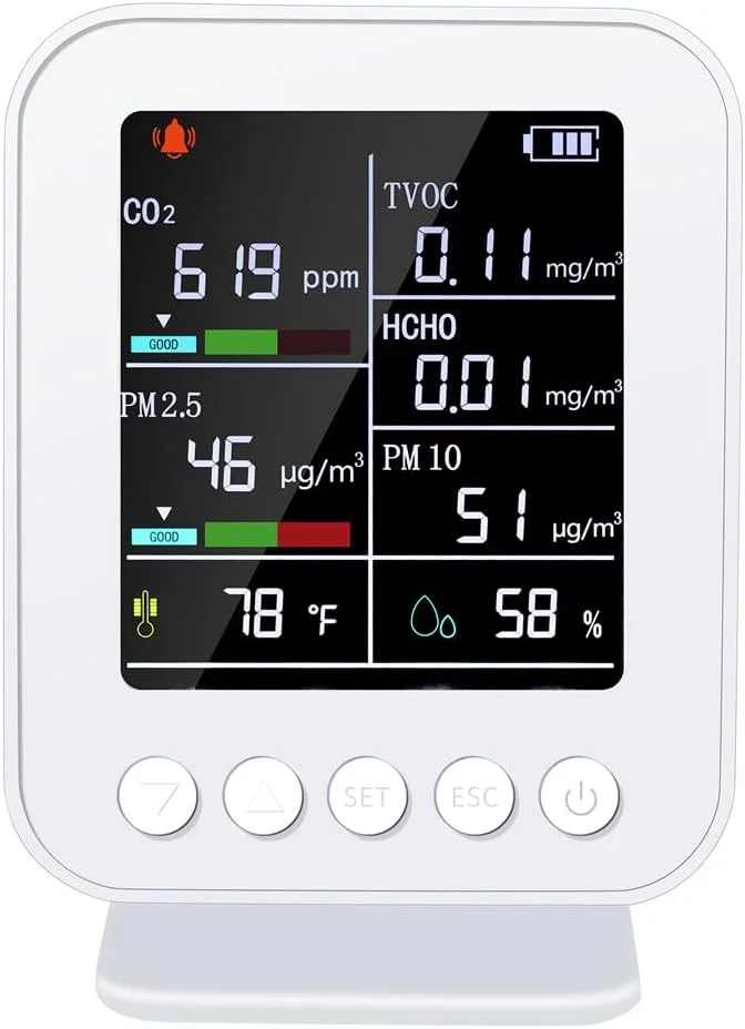 دستگاه سنجش کیفیت هوا 7 در 1 Fawoonu، مناسب برای سنجش HCHO، TVOC، دی اکسید کربن، PM2.5، PM10، دما و رطوبت، قابل حمل برای مصارف خانگی