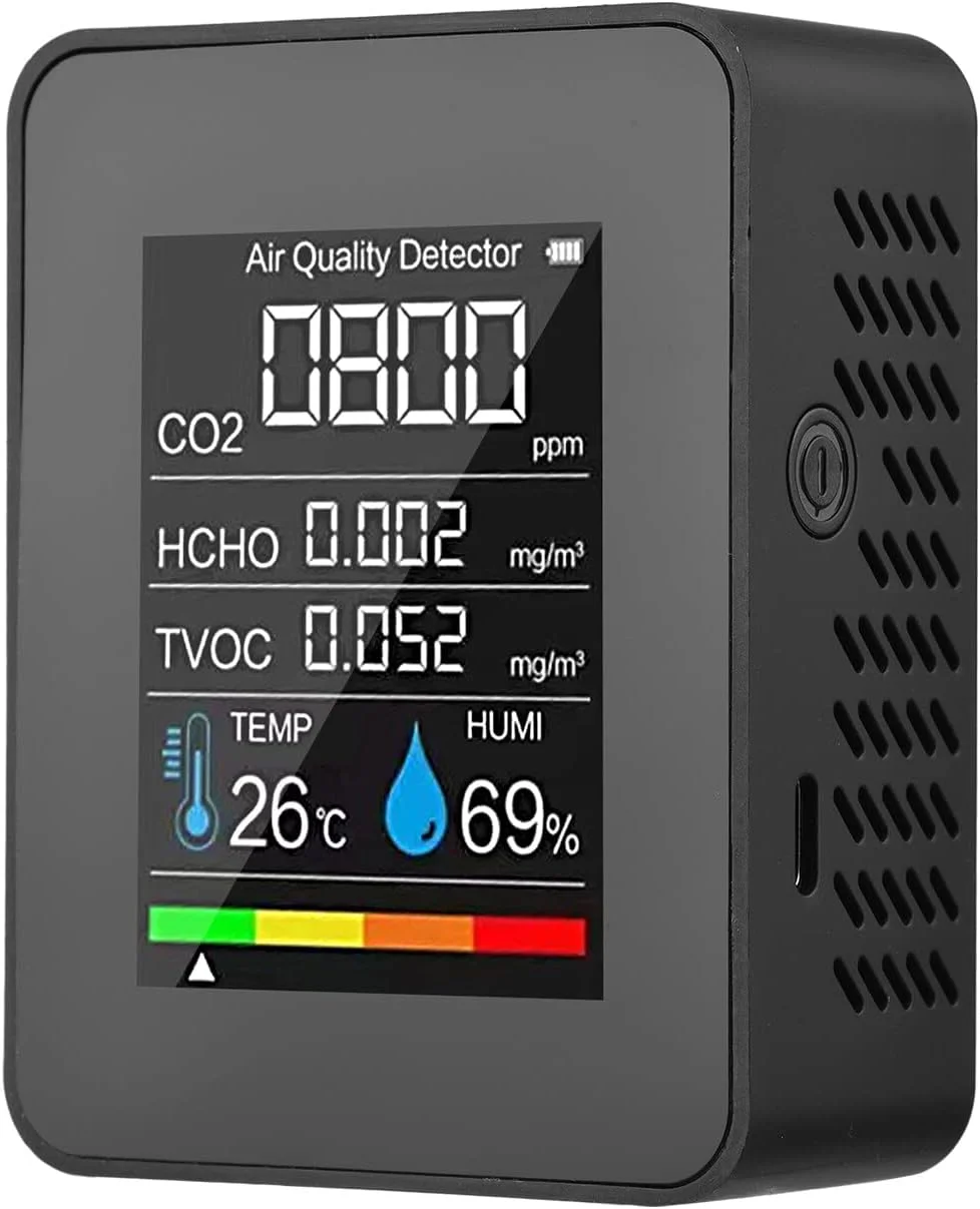 تستر کیفیت هوای قابل حمل Fawoonu، 5 در 1، برای اندازه گیری فرمالدهید HCHO TVOC، دارای صفحه نمایش LCD، دماسنج و رطوبت سنج، و آلارم CO2، مناسب برای اتاق، دفتر، گلخانه و انبار