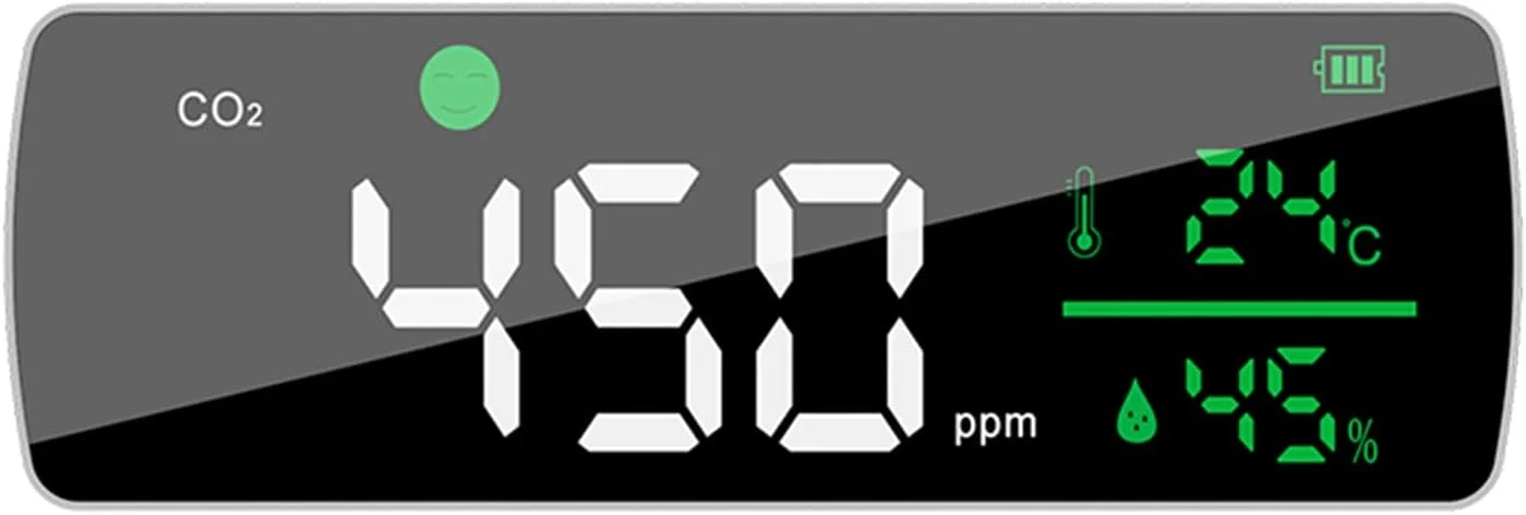 تستر دیواری/رومیزی کیفیت هوای Fawoonu با صفحه نمایش دیجیتال LED 11.2 اینچی، 3 در 1، دما، رطوبت و CO2، دارای آلارم دی اکسید کربن و سطح آینه ای مناسب برای اتاق و دفتر