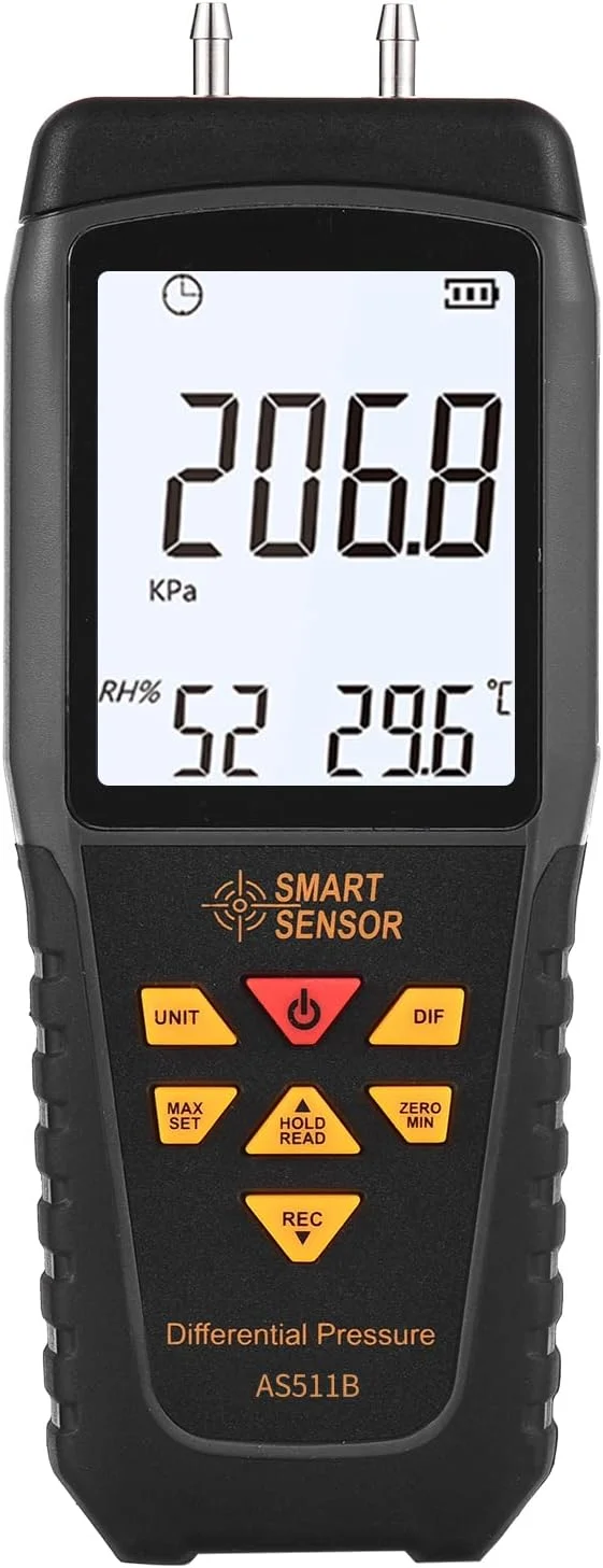 فشارسنج دیفرانسیل دیجیتال Fawoonu AS511B -206.8~206.8KPA مانومتر دو پورت تست کننده فشار گاز هوا با نور پس زمینه LCD پشتیبانی از اندازه گیری دما و رطوبت 12 واحد