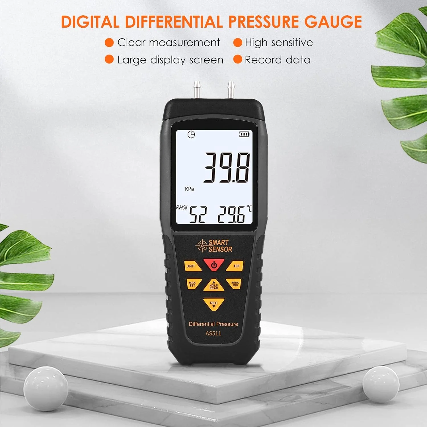 فاوونو AS511 گیج فشار دیفرانسیل دیجیتال -39.98~39.98KPA مانومتر دو پورت تست فشار گاز هوا با صفحه نمایش LCD دارای نور پس زمینه، پشتیبانی از اندازه گیری دما و رطوبت، 12 واحد داده