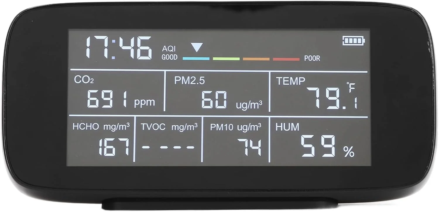 مانیتور کیفیت هوا Eujgoov PM2.5 PM10 CO2 TVOC دما، تستر کیفیت داخلی رطوبت و نمایشگر زمان برای خانه، دفتر، ماشین با صفحه نمایش LCD HD و عمر باتری طولانی