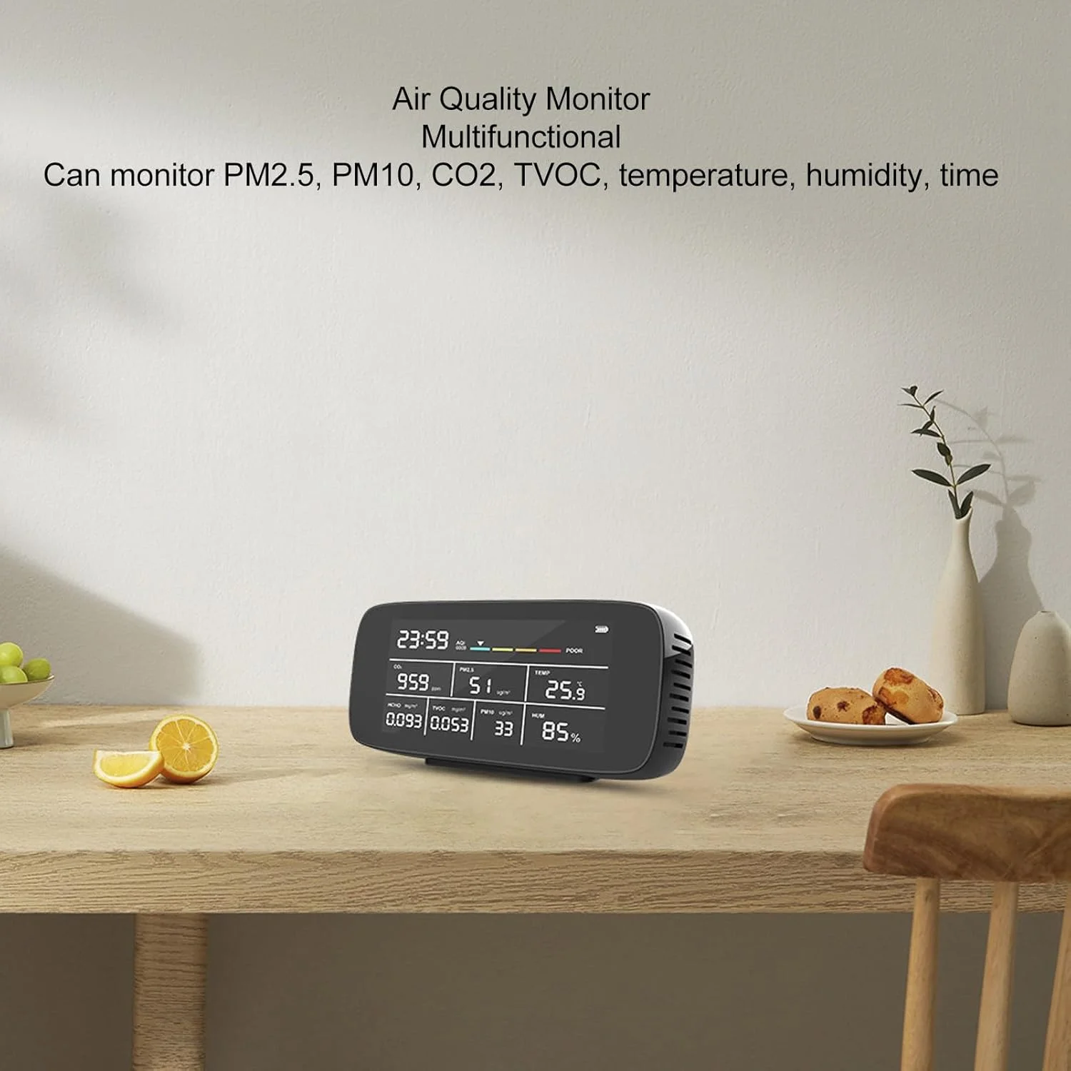 مانیتور کیفیت هوا Eujgoov PM2.5 PM10 CO2 TVOC دما، تستر کیفیت داخلی رطوبت و نمایشگر زمان برای خانه، دفتر، ماشین با صفحه نمایش LCD HD و عمر باتری طولانی