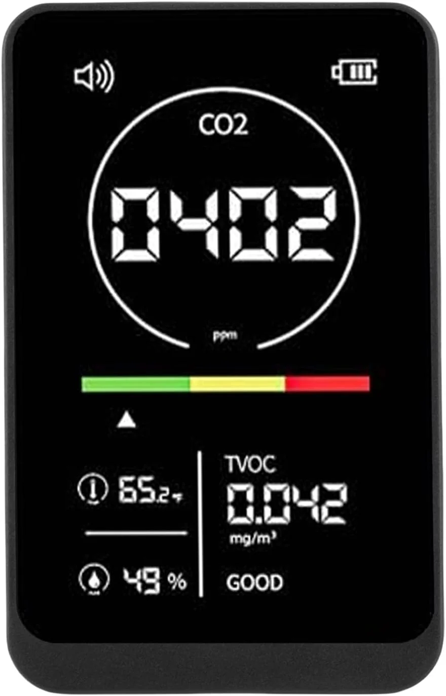 دستگاه تشخیص CO2، TVOC، دما و رطوبت Eujgoov با صفحه نمایش و یادآوری صوتی برای گلخانه خانگی، خودرو، تستر کیفیت 4 در 1