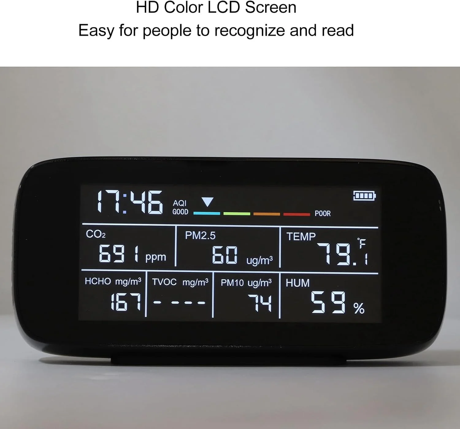 مانیتور کیفیت هوا Eujgoov PM2.5 PM10 CO2 TVOC دما، تستر کیفیت داخلی رطوبت و نمایشگر زمان برای خانه، دفتر، ماشین با صفحه نمایش LCD HD و عمر باتری طولانی