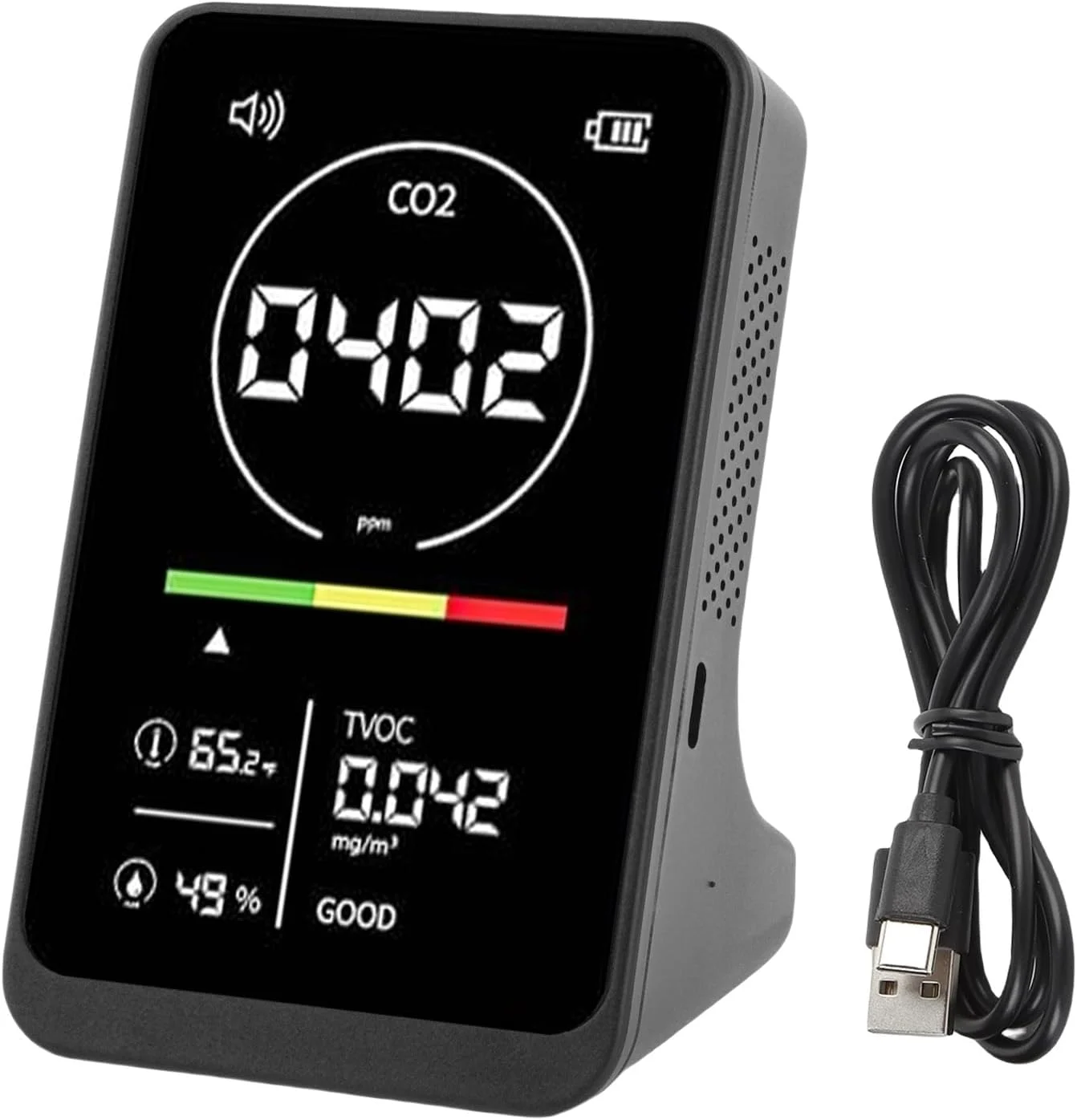 دستگاه تشخیص CO2، TVOC، دما و رطوبت Eujgoov با صفحه نمایش و یادآوری صوتی برای گلخانه خانگی، خودرو، تستر کیفیت 4 در 1