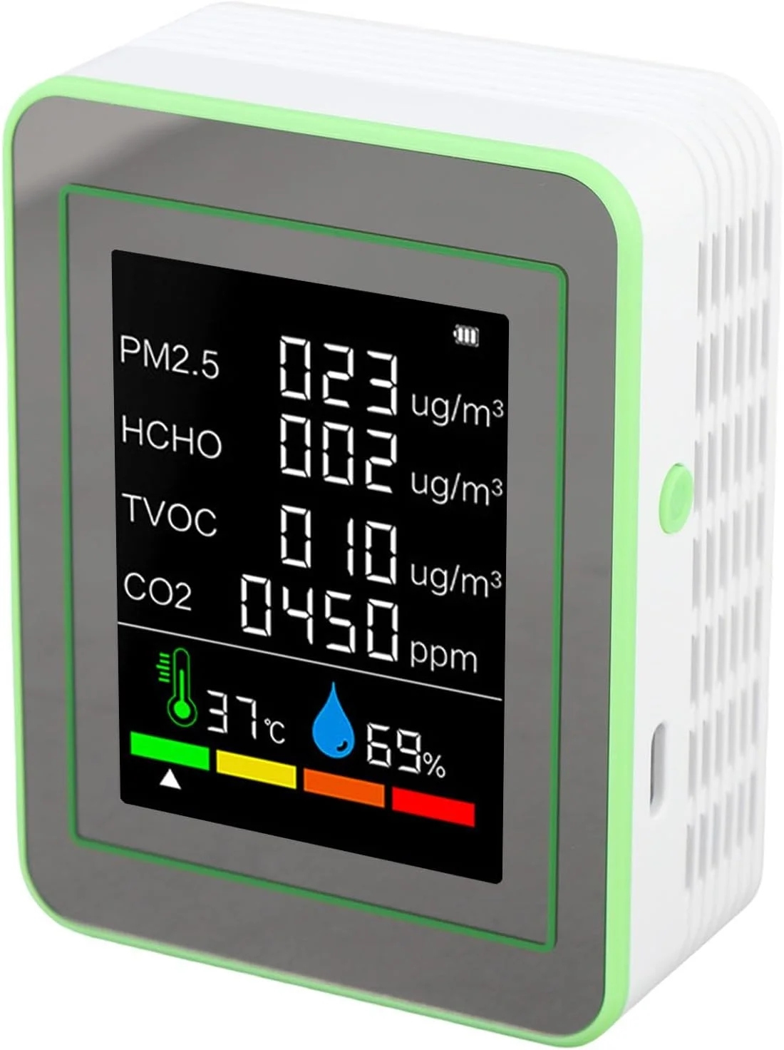 دستگاه سنجش کیفیت قابل حمل Eujgoov 6 در 1 CO2 PM2.5 HCHO TVOC دما رطوبت، تستر هوشمند با باتری، مناسب برای منزل، دفتر و خودرو (سفید و سبز)