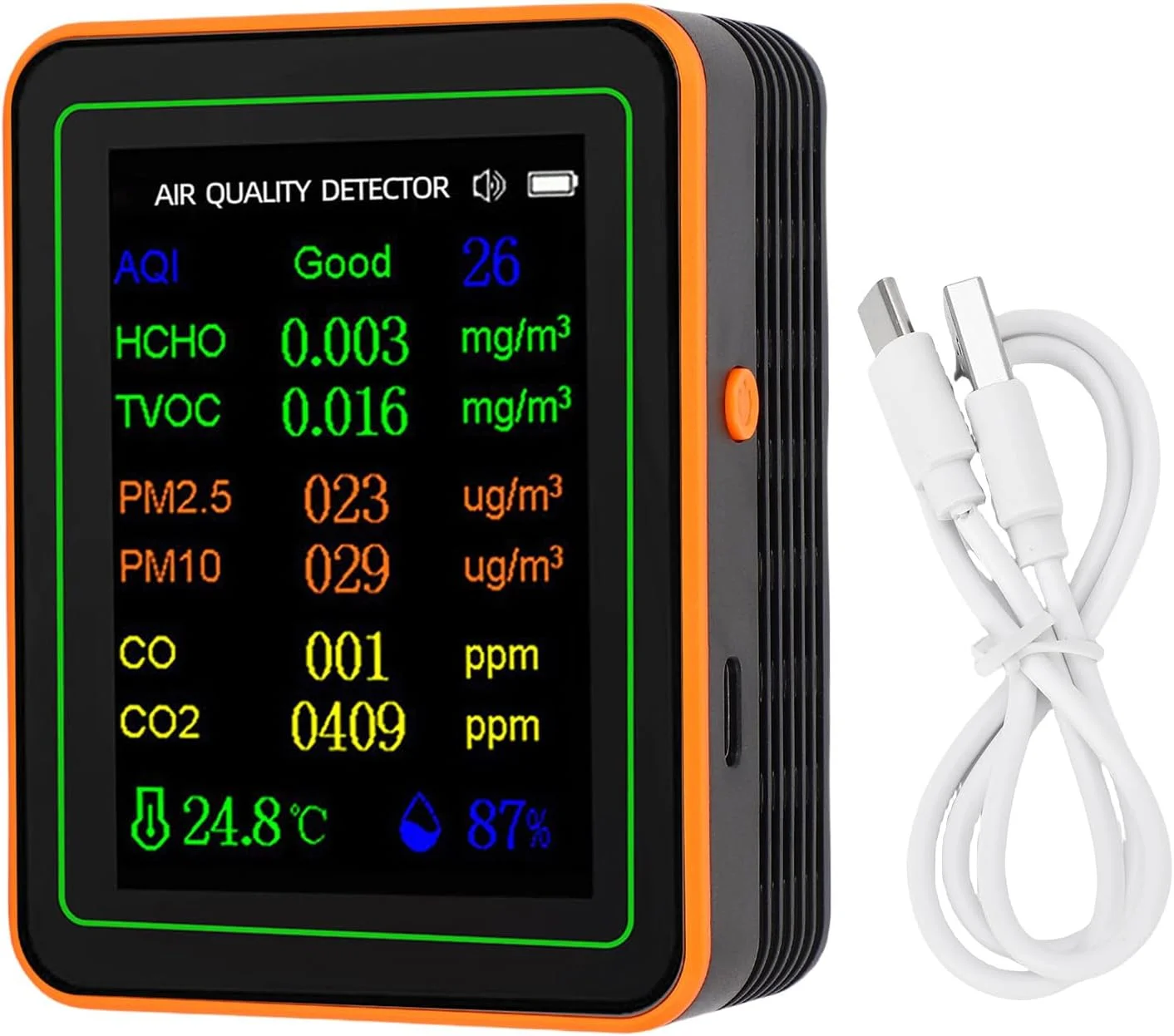دستگاه تشخیص کیفیت هوای Eujgoov با صفحه نمایش رنگی TVOC HCHO CO2 PM2.5 PM10 تستر کیفیت هوای داخلی برای خانه و محل کار (مشکی نارنجی)