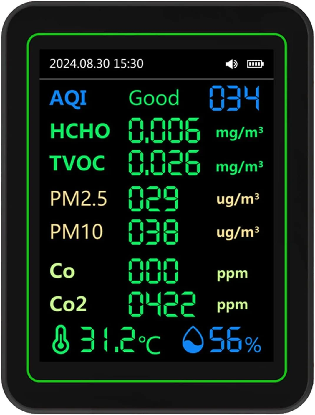 تستر کیفیت Eujgoov مدل ZN MT14، آشکارساز CO2 HCHO TVOC PM2.5 PM10 با صفحه نمایش TFT و عملکرد منحنی برای دقت آزمایشگاهی ایمنی خانه (مشکی)