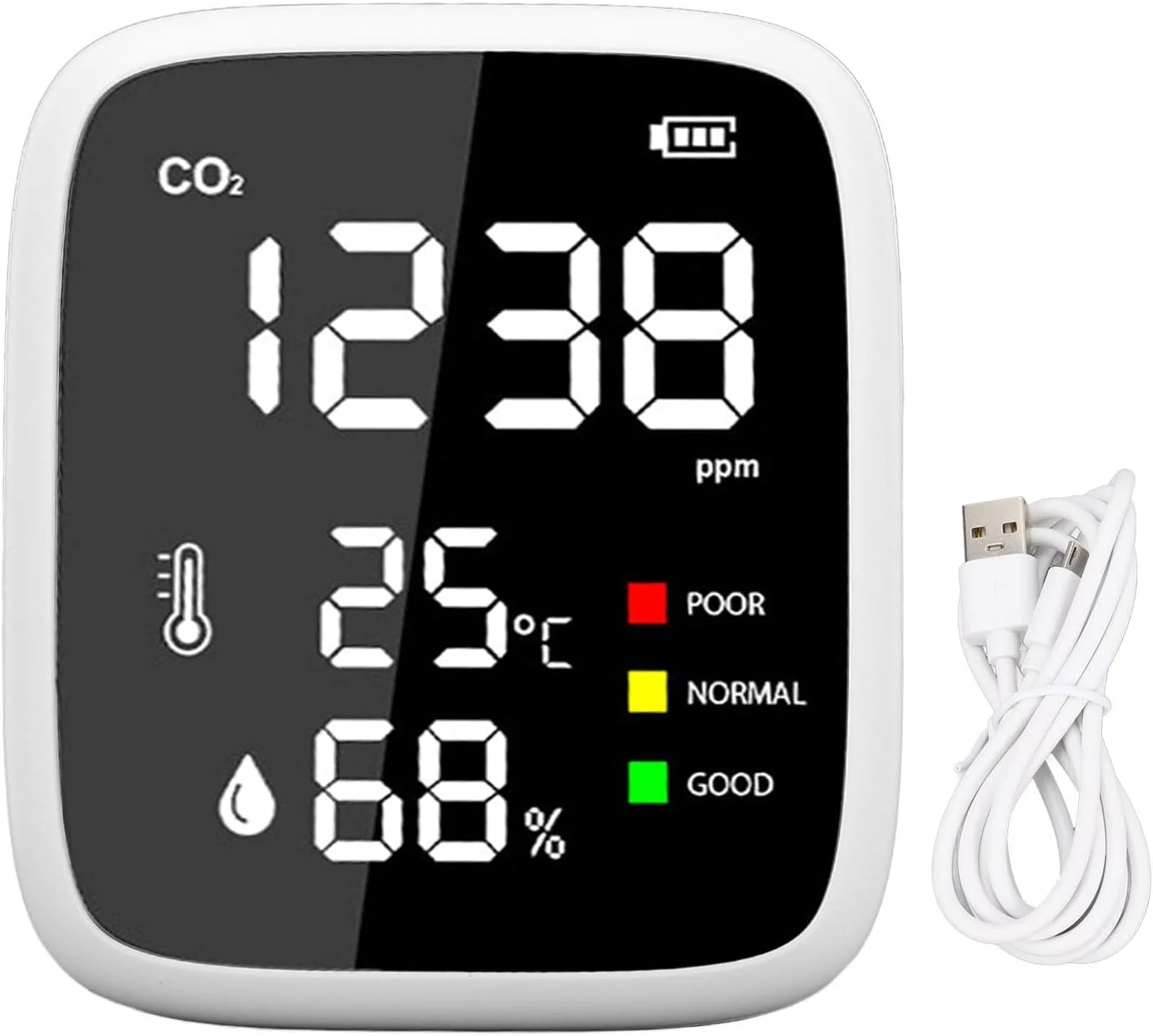 دستگاه تشخیص دی اکسید کربن Eujgoov، دماسنج و رطوبت سنج، تستر کیفیت هوا برای خانه، دفتر و ماشین با نشانگر 3 سطح CO2