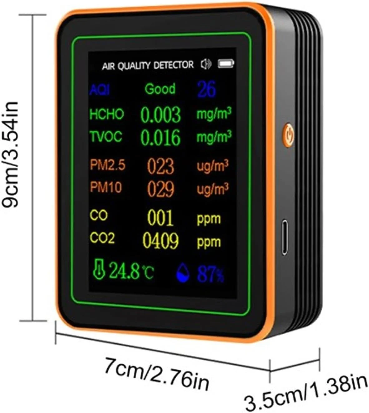 دستگاه تشخیص کیفیت هوای Eujgoov با صفحه نمایش رنگی TVOC HCHO CO2 PM2.5 PM10 تستر کیفیت هوای داخلی برای خانه و محل کار (مشکی نارنجی)