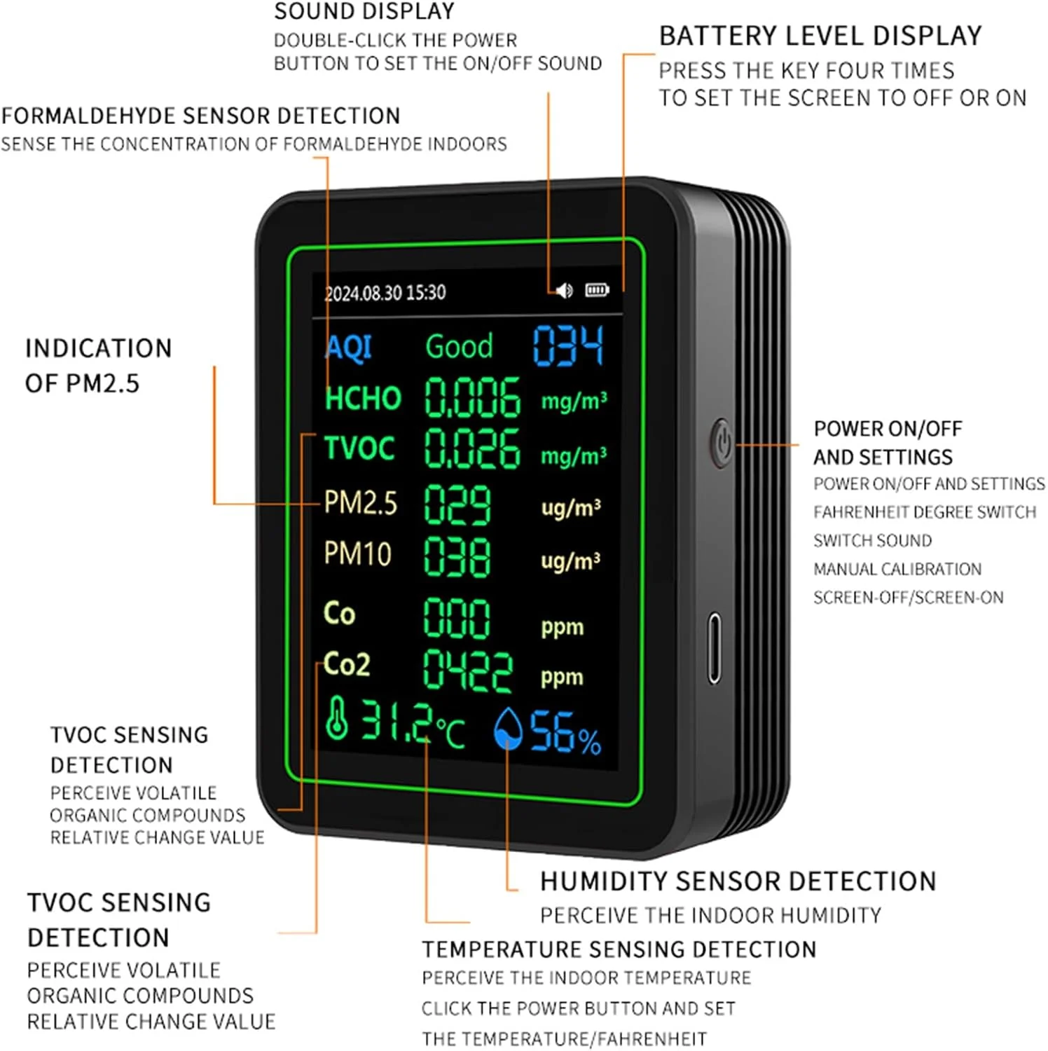 تستر کیفیت Eujgoov مدل ZN MT14، آشکارساز CO2 HCHO TVOC PM2.5 PM10 با صفحه نمایش TFT و عملکرد منحنی برای دقت آزمایشگاهی ایمنی خانه (مشکی)
