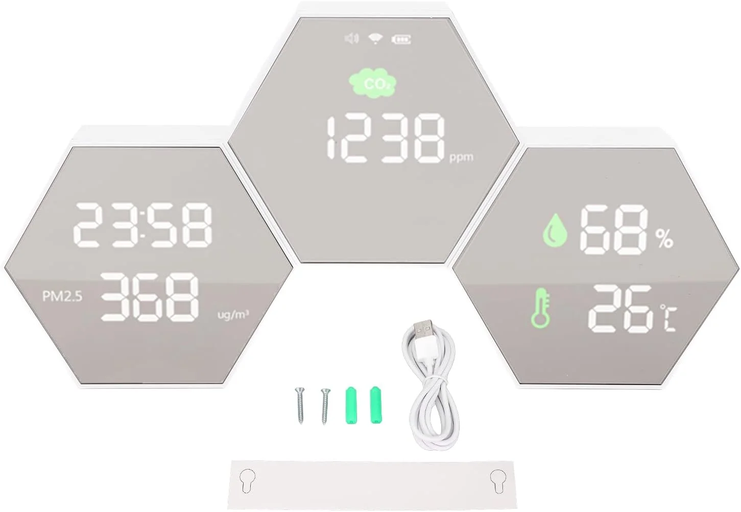 دستگاه سنجش CO2 و PM2.5 Eujgoov با صفحه نمایش LCD، کنترل و شارژ USB و باتری 2000 میلی آمپر ساعتی