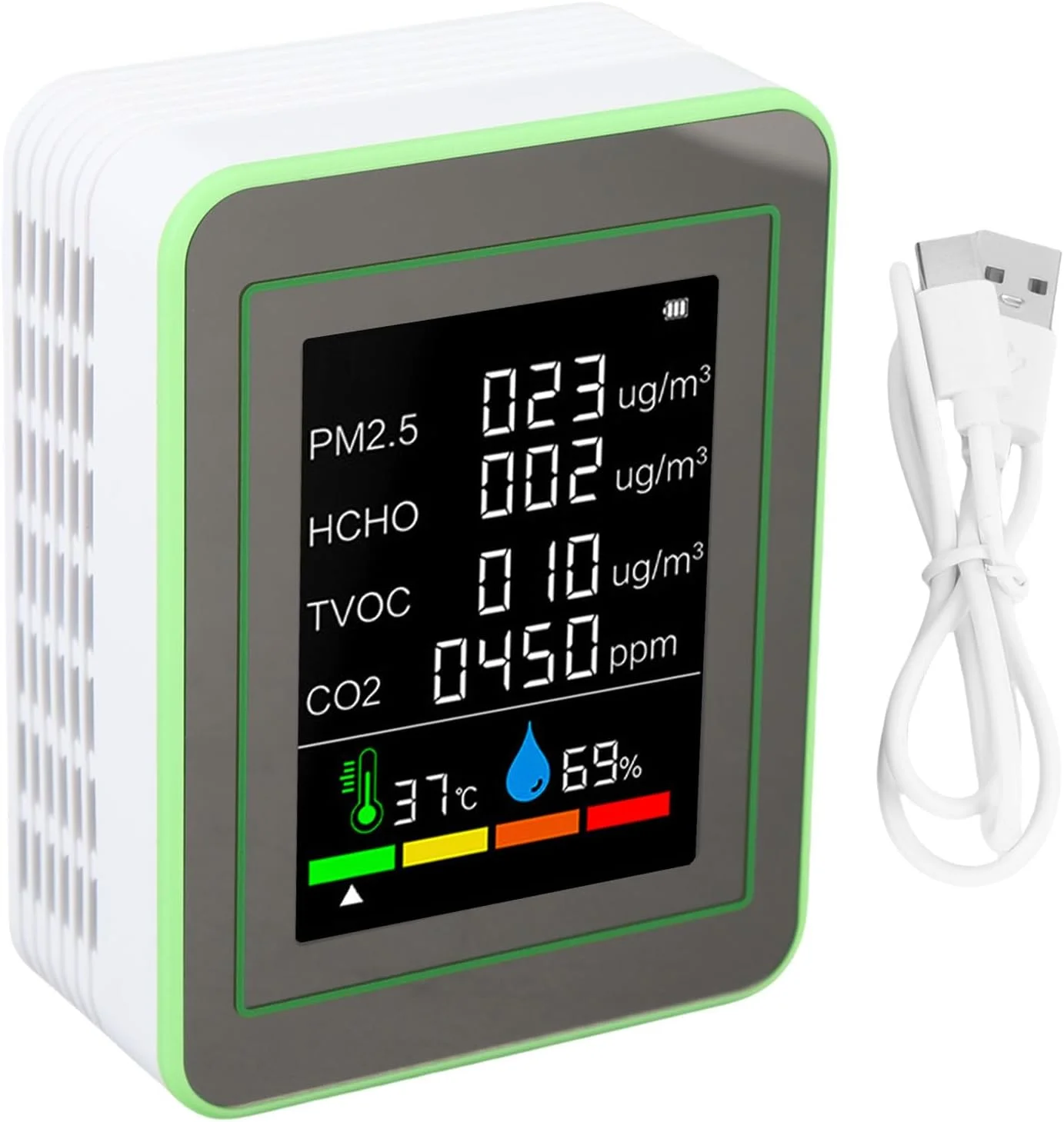 تستر کیفیت هوای داخل خانه یوجیگوو 6 در 1، CO2 PM2.5 HCHO TVOC دما رطوبت سنج با صفحه نمایش HD 2.8 اینچی برای خانه و محل کار (سفید و سبز)